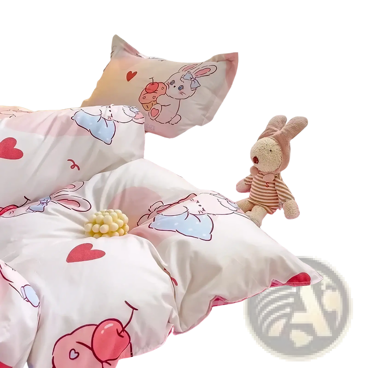 Queen size bunny kids bedding set featuring a pink and white checkered bedspread with bunny and heart patterns