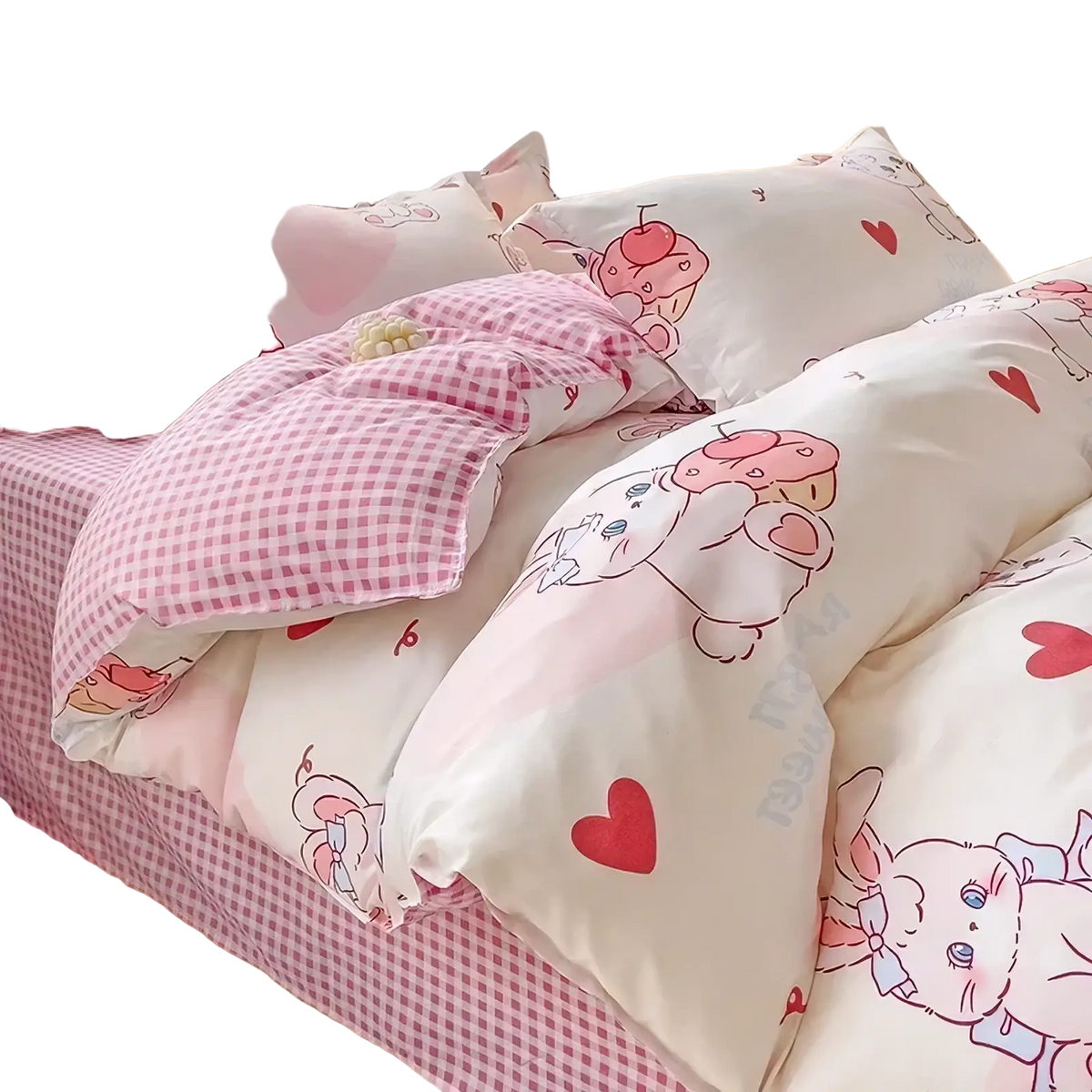 Bunny kids queen size bedding set with pink and white checkered duvet cover featuring cartoon characters and red hearts