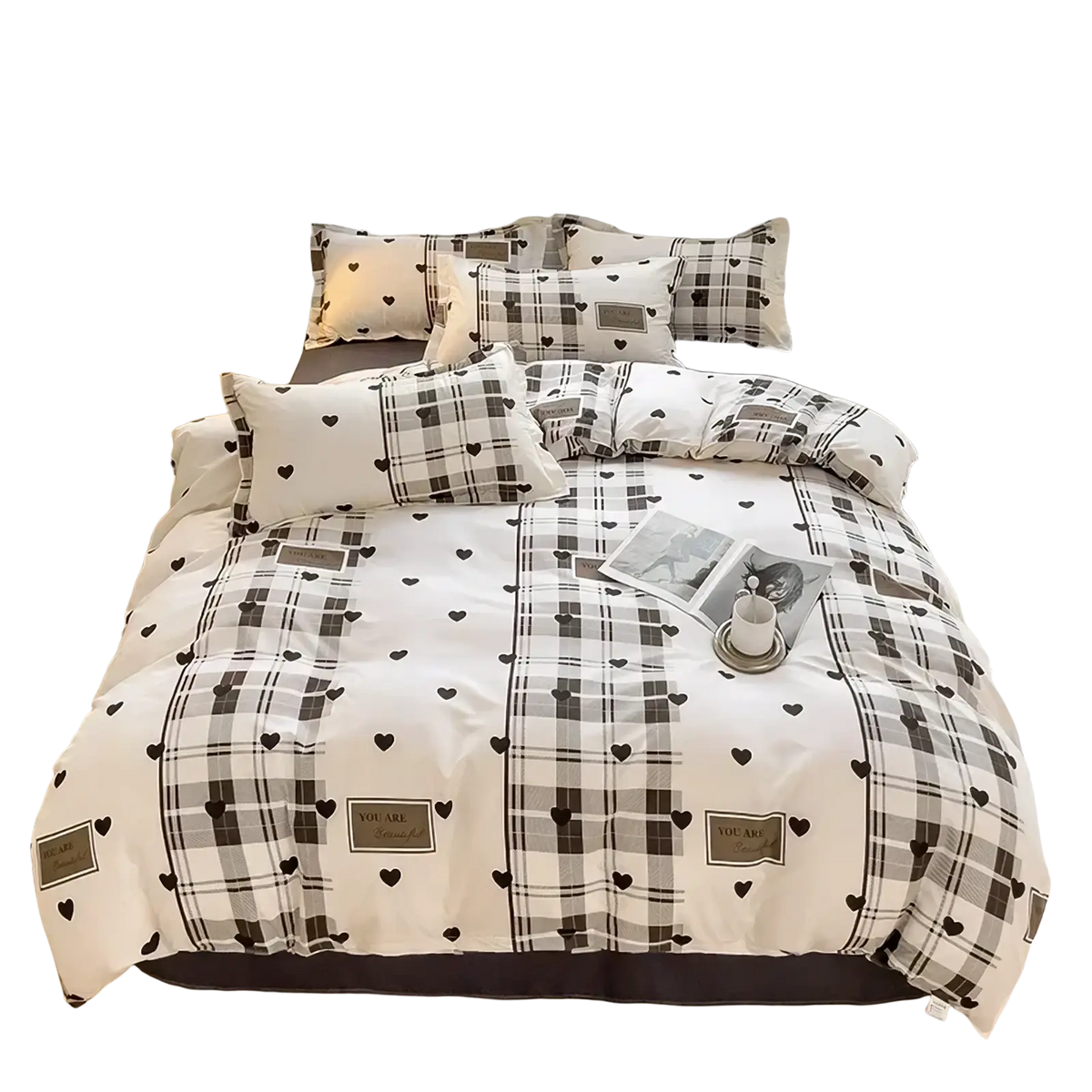 White duvet set with black plaid heart patterns and gray patches reading square and you are from bunny kids bedding set queen size pink sheet