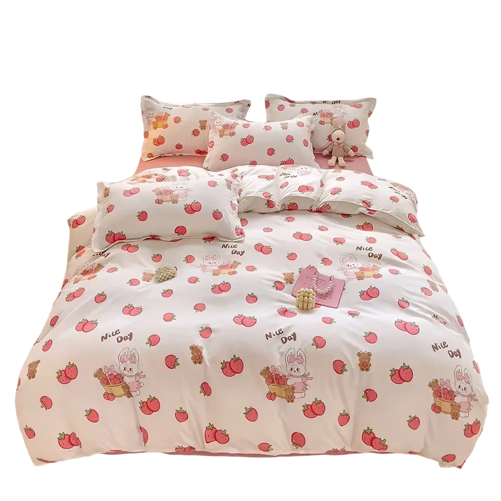 White strawberry and bunny-themed queen size kids bedding set with pink sheet and soft fabric for children bedroom