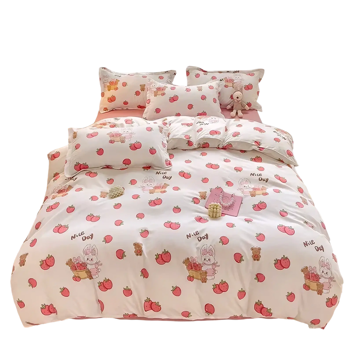 White strawberry and bunny-themed queen size kids bedding set with pink sheet and soft fabric for children bedroom