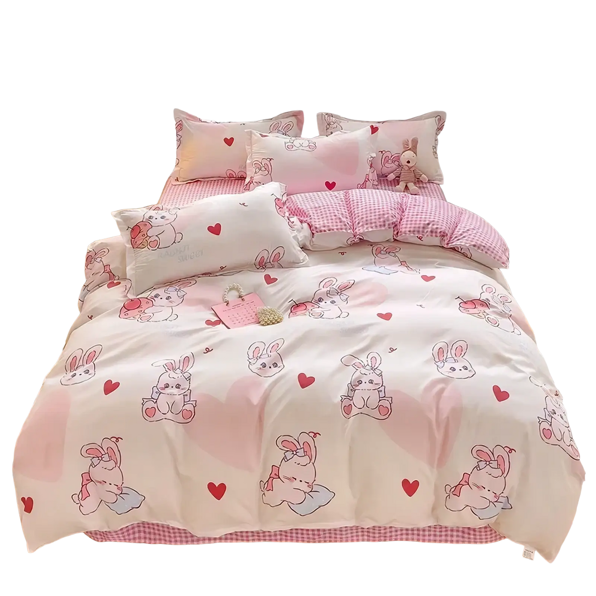 Queen size pink and white bunny-themed bedding set with heart patterns for kids featuring soft fabric