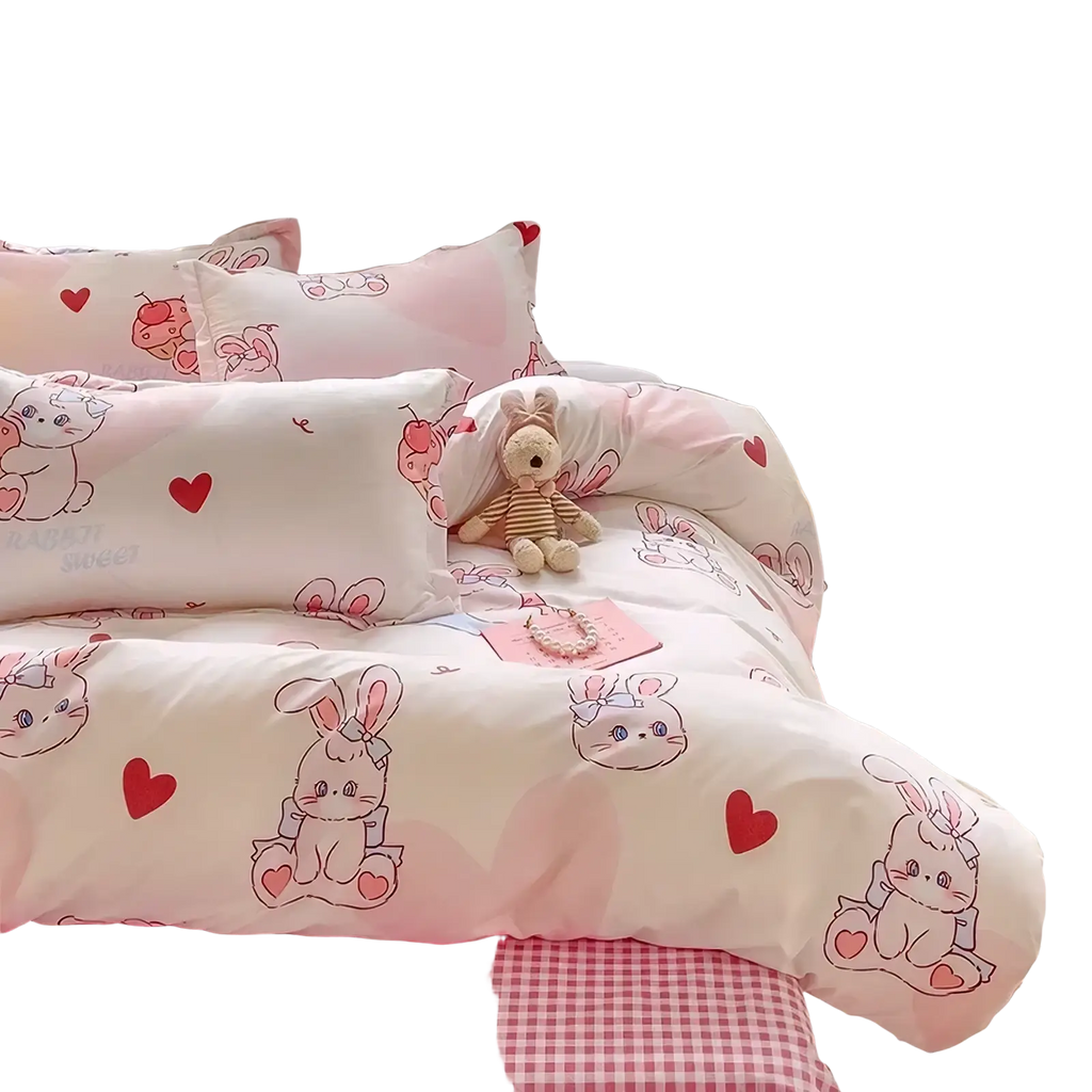 Queen size bunny kids bedding set featuring pink and white bunny-themed sheets with red heart accents