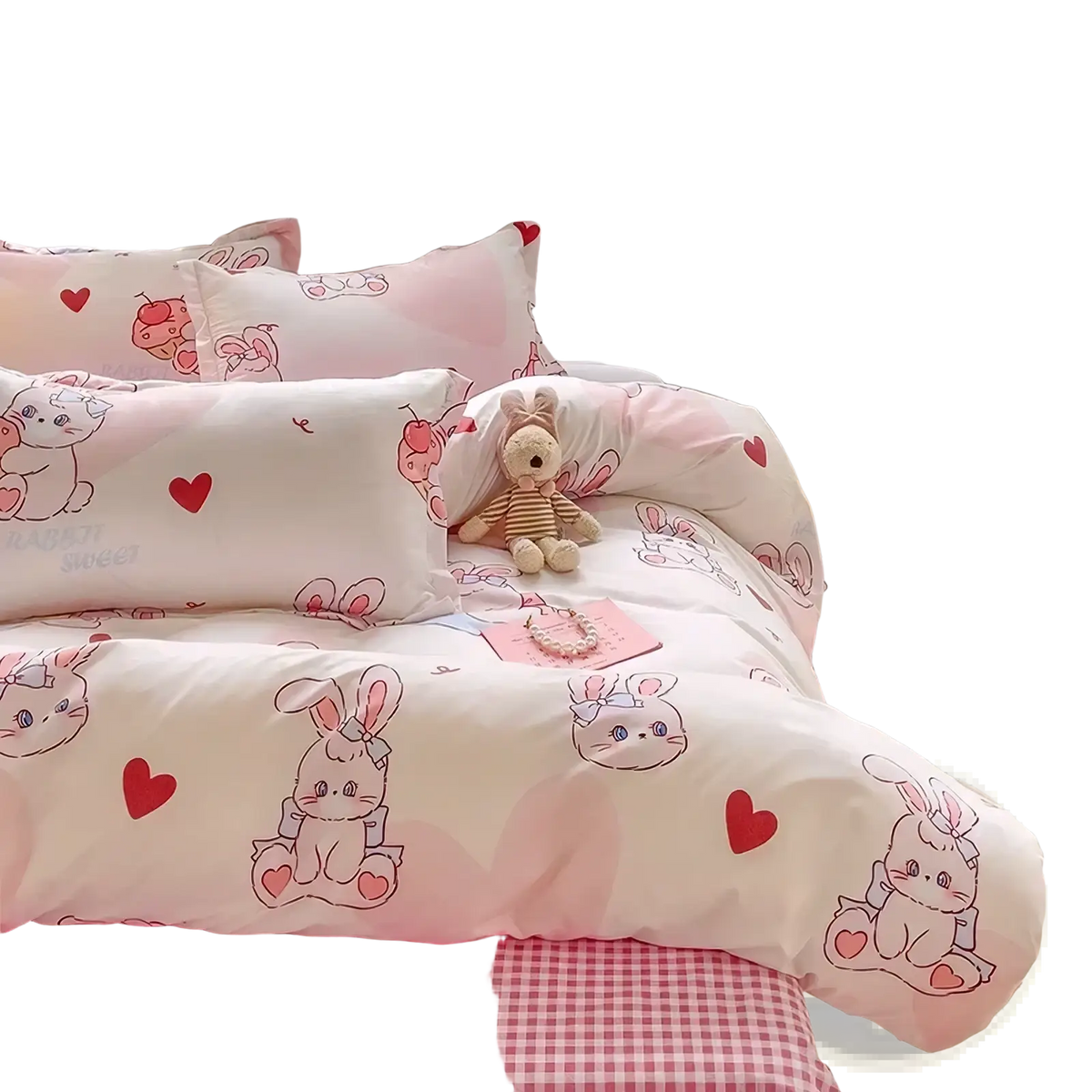 Queen size bunny kids bedding set featuring pink and white bunny-themed sheets with red heart accents