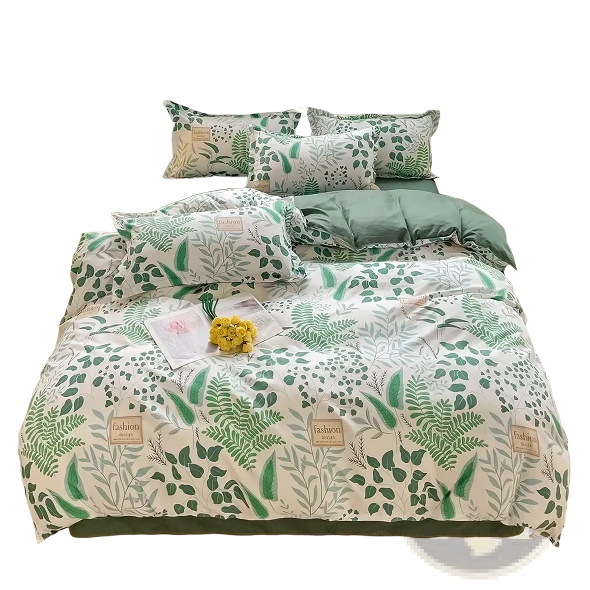 A cozy queen size bunny kids bedding set with white duvet cover and pillowcases featuring green leaf pattern and sage piping