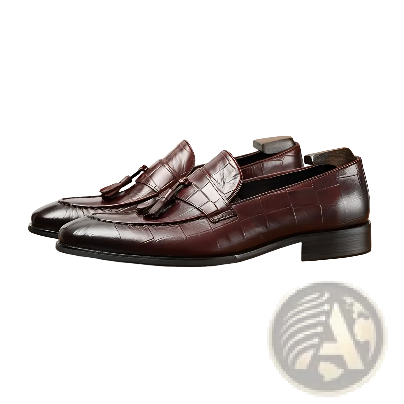 Burgundy crocodile embossed leather tassel loafers with a low block heel for stylish formal wear