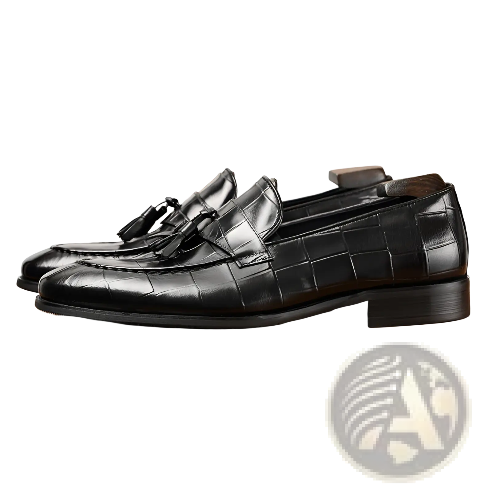 Burgundy crocodile embossed leather tassel loafers with polished finish and low heel for formal wear