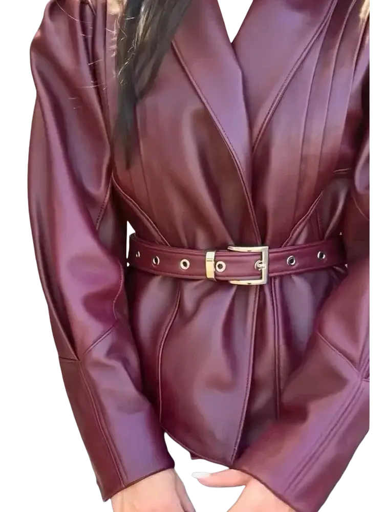 Burgundy faux leather belted blazer with gold-toned hardware on the matching belt and structured design