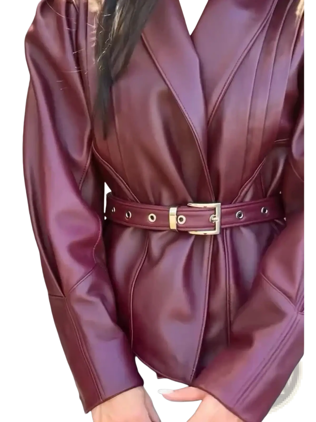 Burgundy faux leather belted blazer with gold-toned hardware on the matching belt and structured design