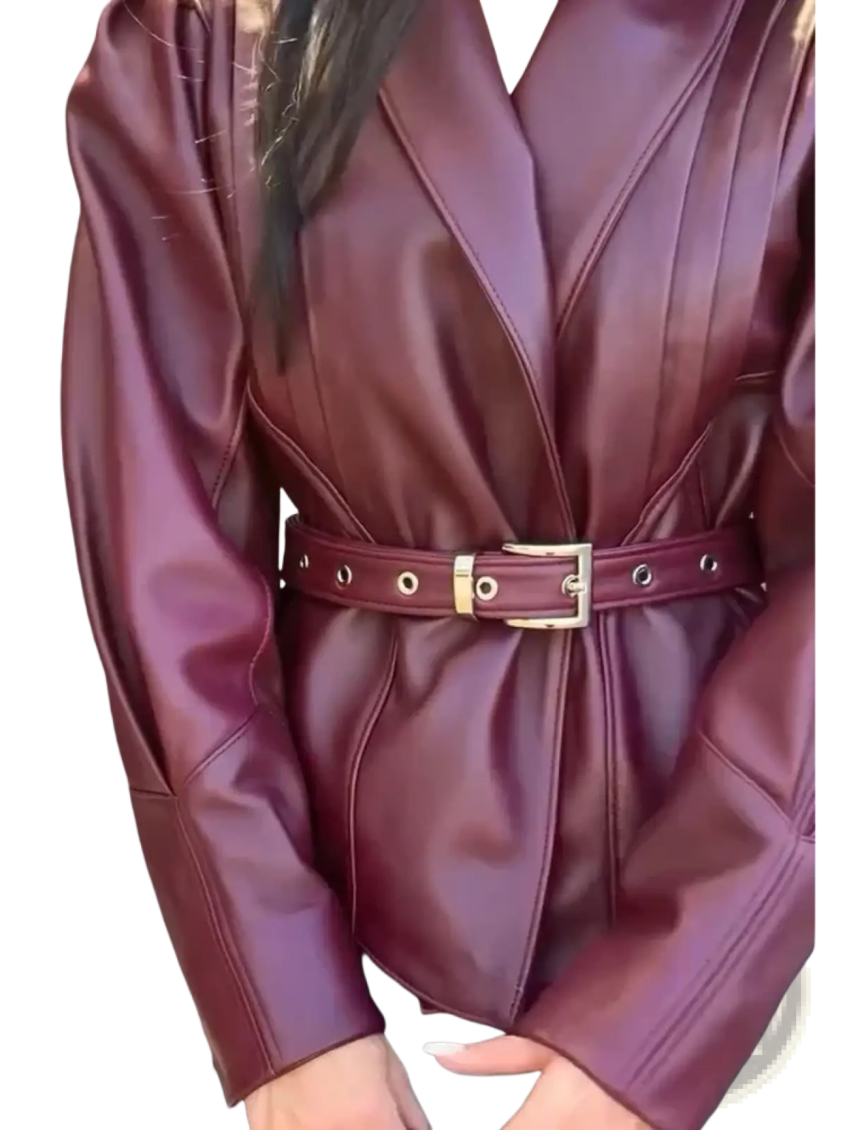Burgundy faux leather belted blazer with gold-toned hardware on the matching belt and structured design