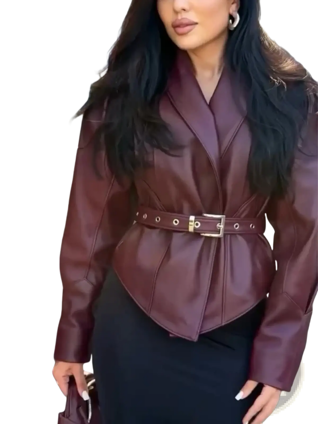 Burgundy faux leather belted blazer with a structured collar and gold-toned buckle belt for a sleek look