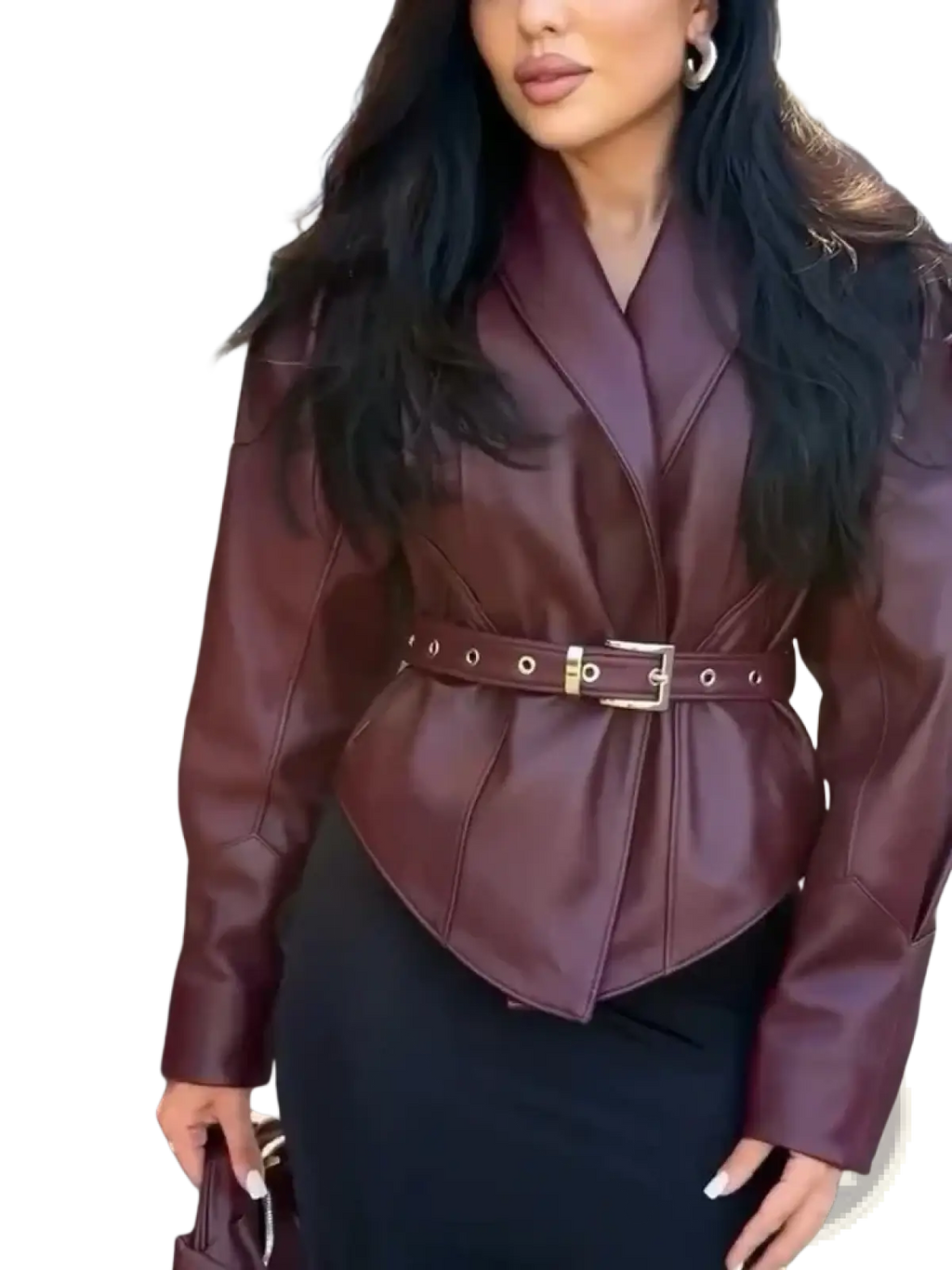 A sleek burgundy faux leather blazer with structured collar and cinched waistband featuring a gold buckle