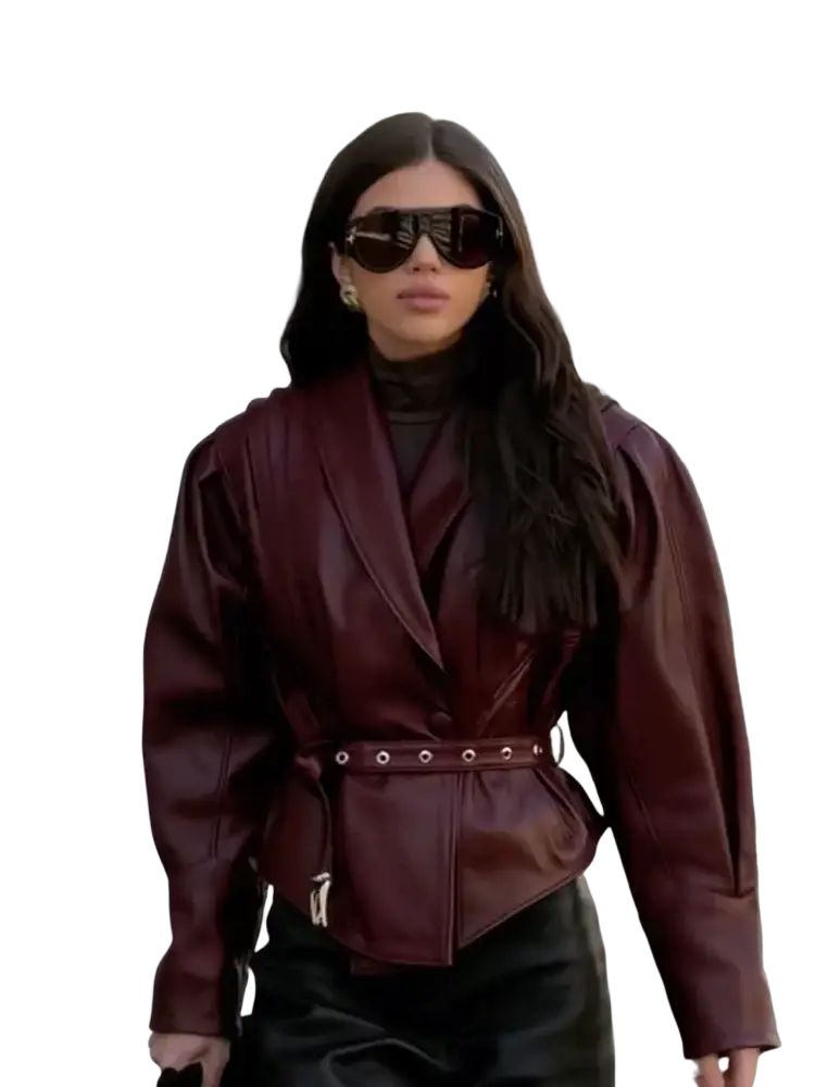 A structured burgundy faux leather belted blazer featuring puffed sleeves for a stylish and polished look