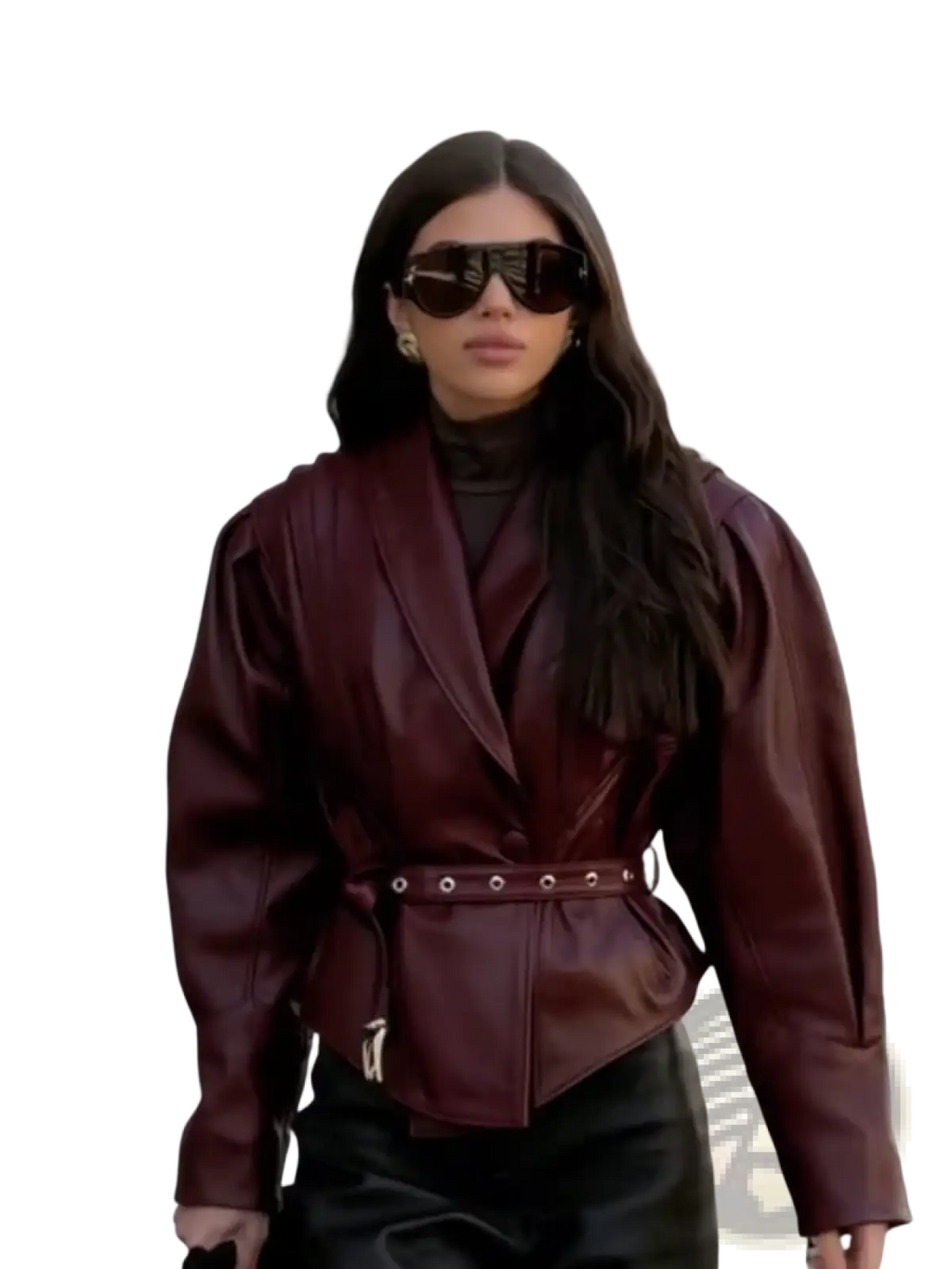 A structured burgundy faux leather belted blazer with puffed sleeves for a stylish and polished look