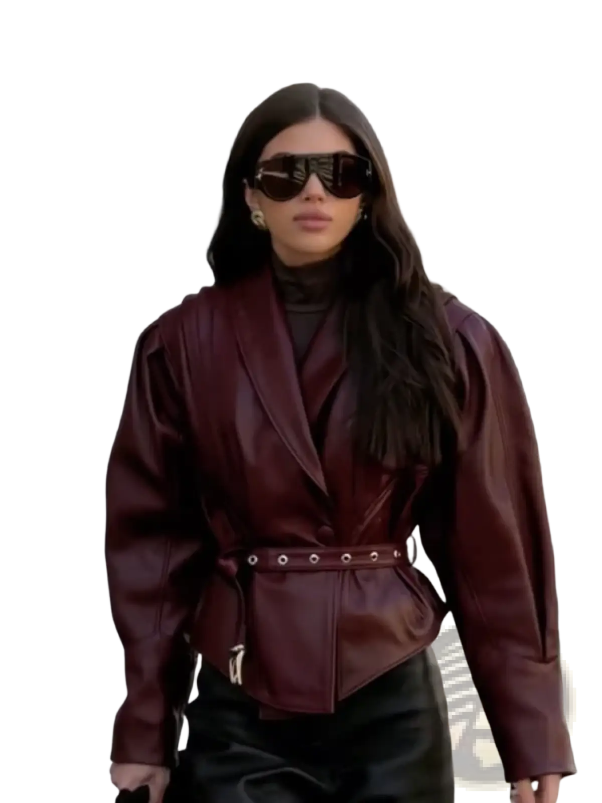 A structured burgundy faux leather belted blazer with puffed sleeves for a stylish and polished look
