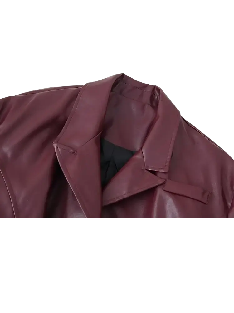 A burgundy faux leather belted jacket with a structured collar and smooth glossy finish