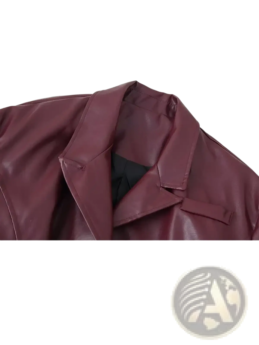 A burgundy faux leather belted jacket with a structured collar and smooth glossy finish
