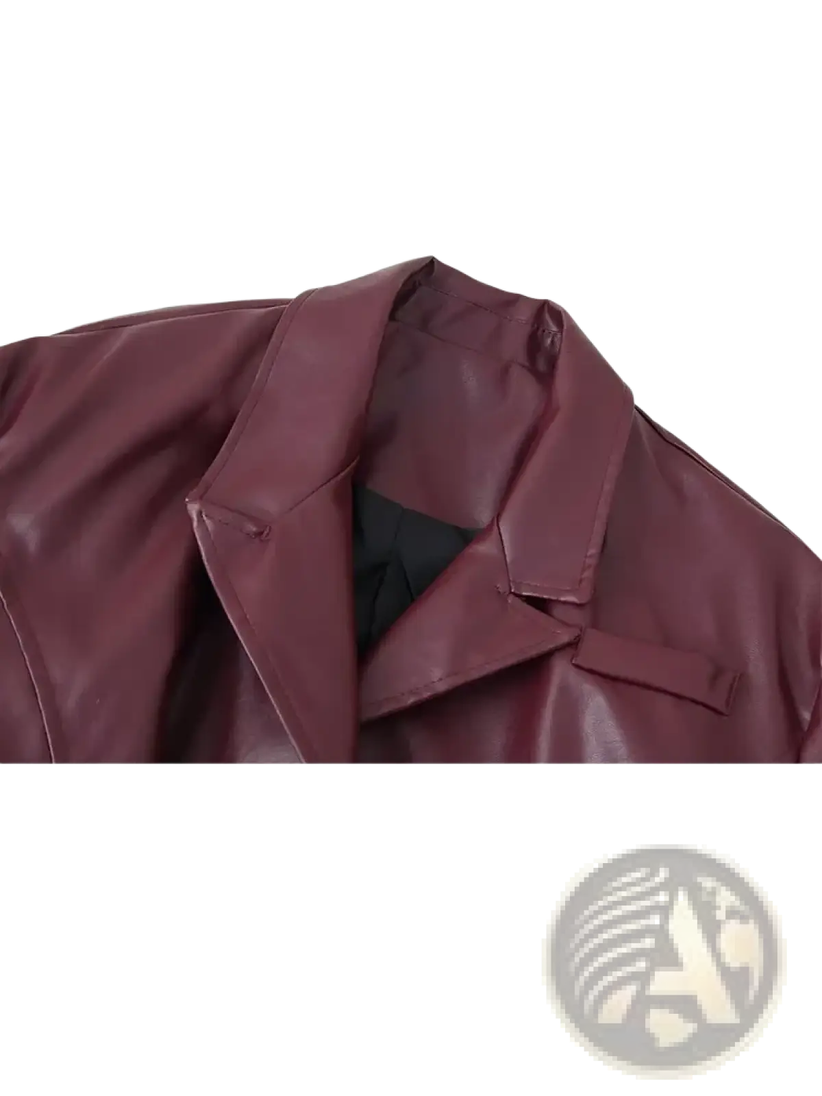 A burgundy faux leather belted jacket with a structured collar and smooth glossy finish
