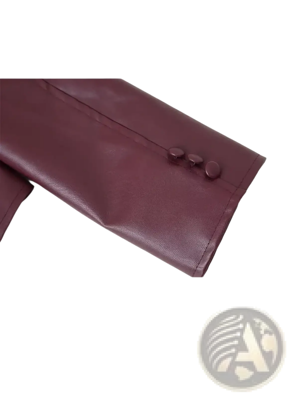 Burgundy faux leather belted jacket sleeve in maroon with three matching buttons detailing the cuff design