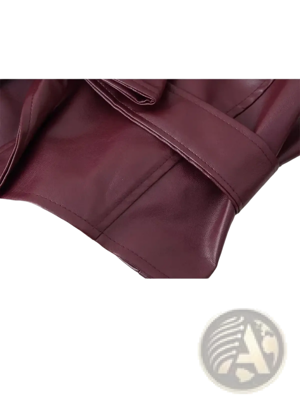 Burgundy faux leather belted jacket with a smooth glossy finish and precise stitching along the seams