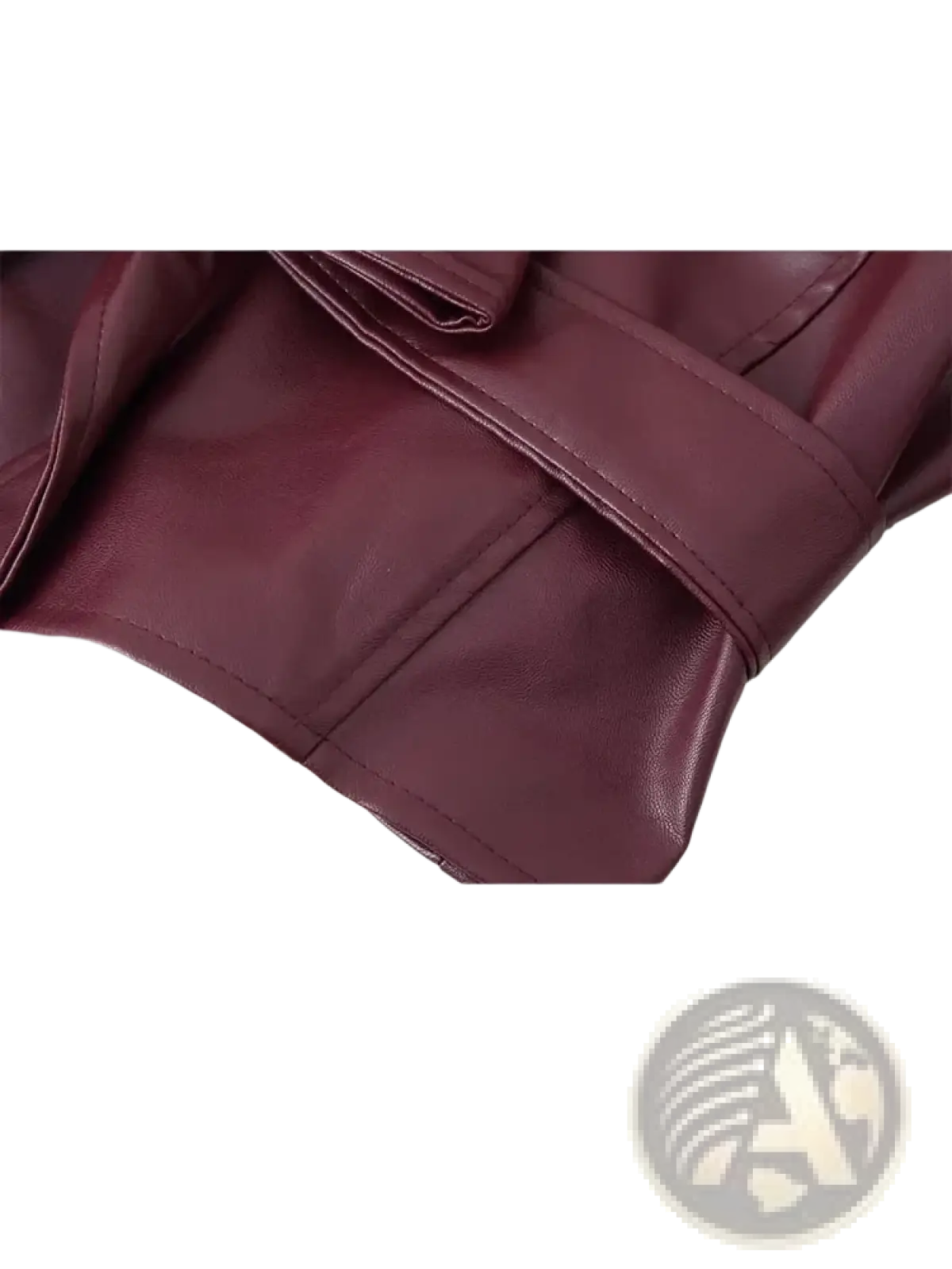 Burgundy faux leather belted jacket with a smooth glossy finish and precise stitching along the seams