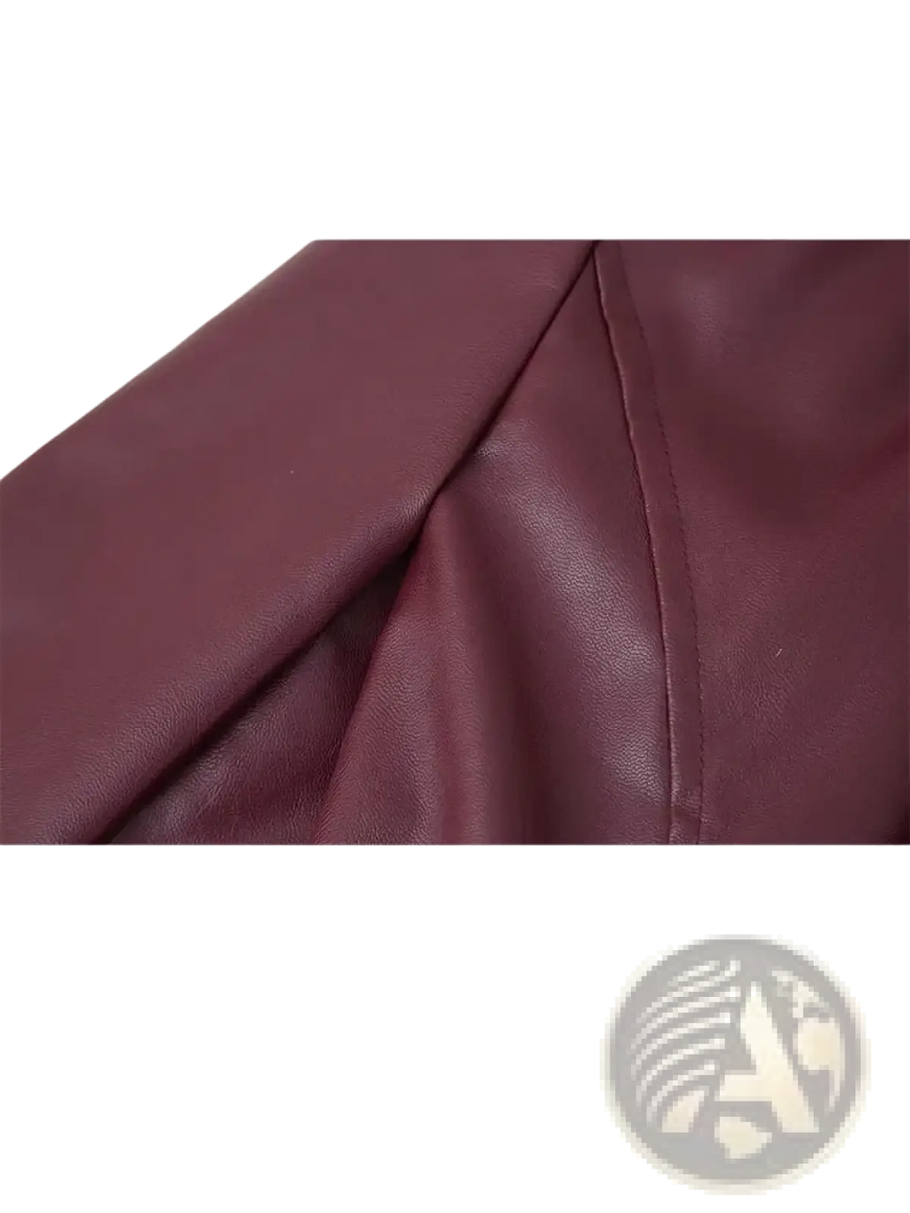 Burgundy faux leather belted jacket sleeve with smooth textured surface and precise stitching along the seam