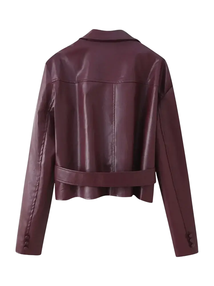 A sleek burgundy faux leather belted cropped jacket with buttoned cuffs for stylish outerwear