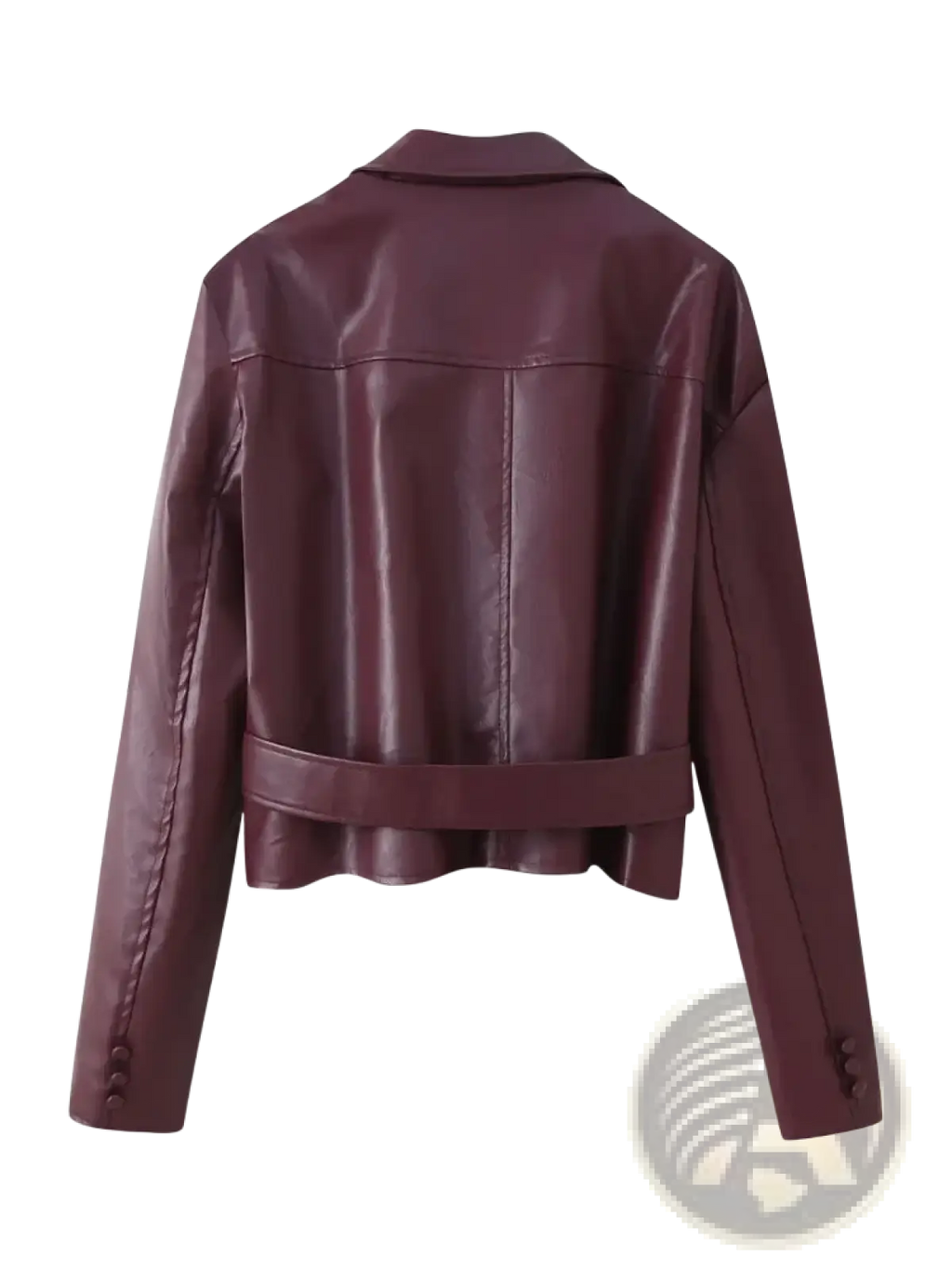 A sleek burgundy faux leather belted cropped jacket with buttoned cuffs for stylish outerwear