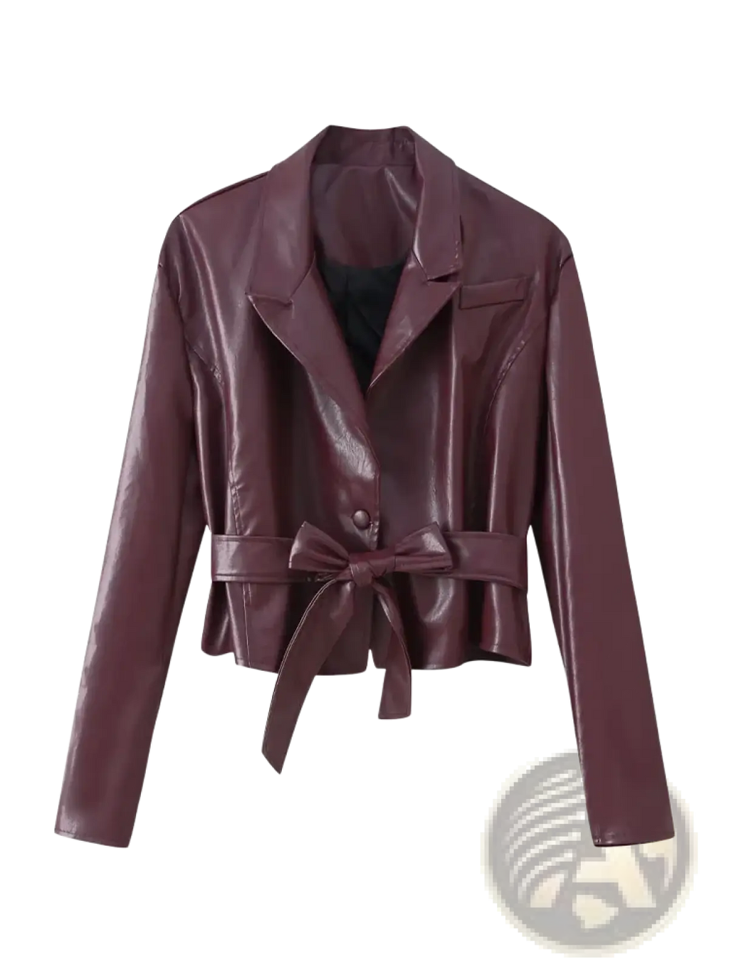 A sleek burgundy faux leather belted cropped blazer with a structured collar and bow tied at the waist