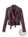 A sleek burgundy faux leather belted cropped blazer with a structured collar and bow tied at the waist