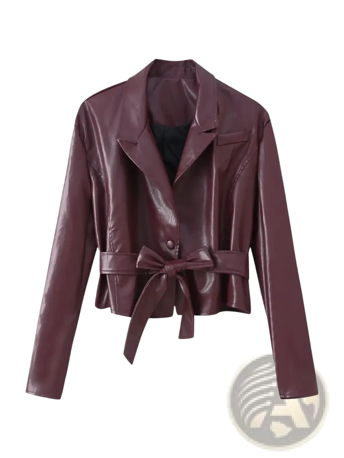 A sleek burgundy faux leather belted cropped blazer with a structured collar and bow tied at the waist