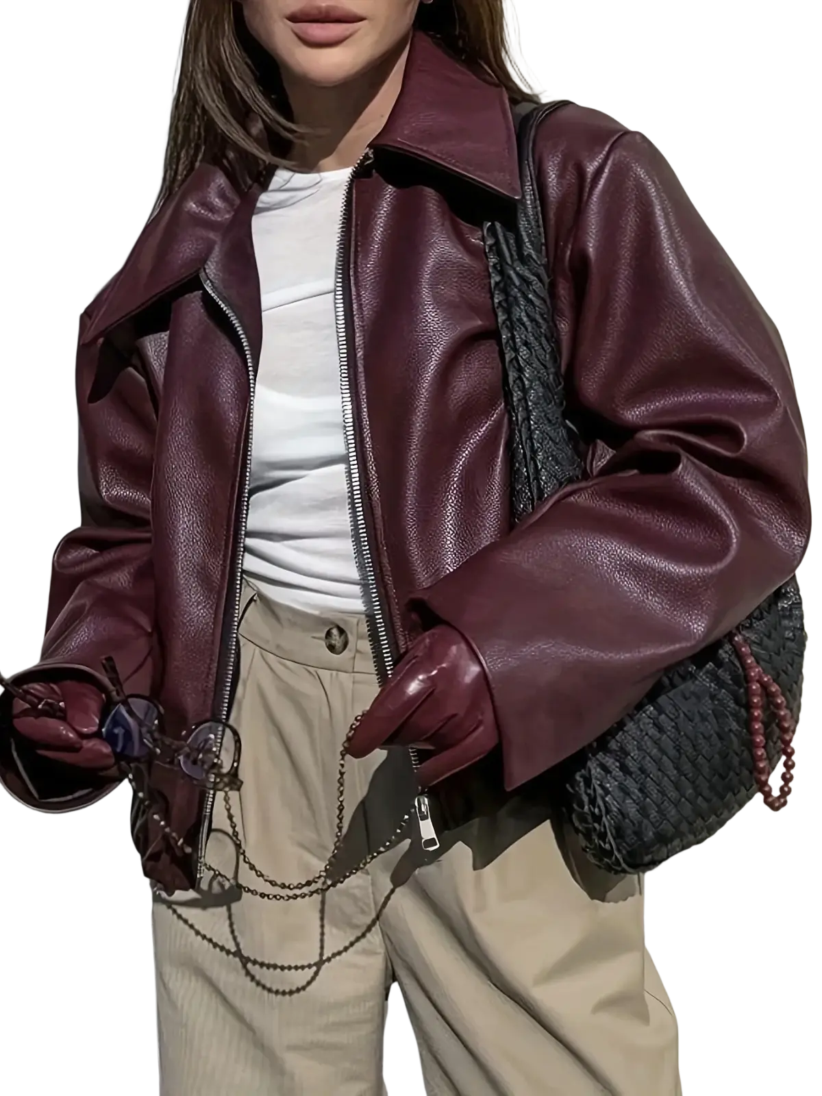 Burgundy faux leather bomber jacket featuring a classic collar and front zipper for stylish outerwear