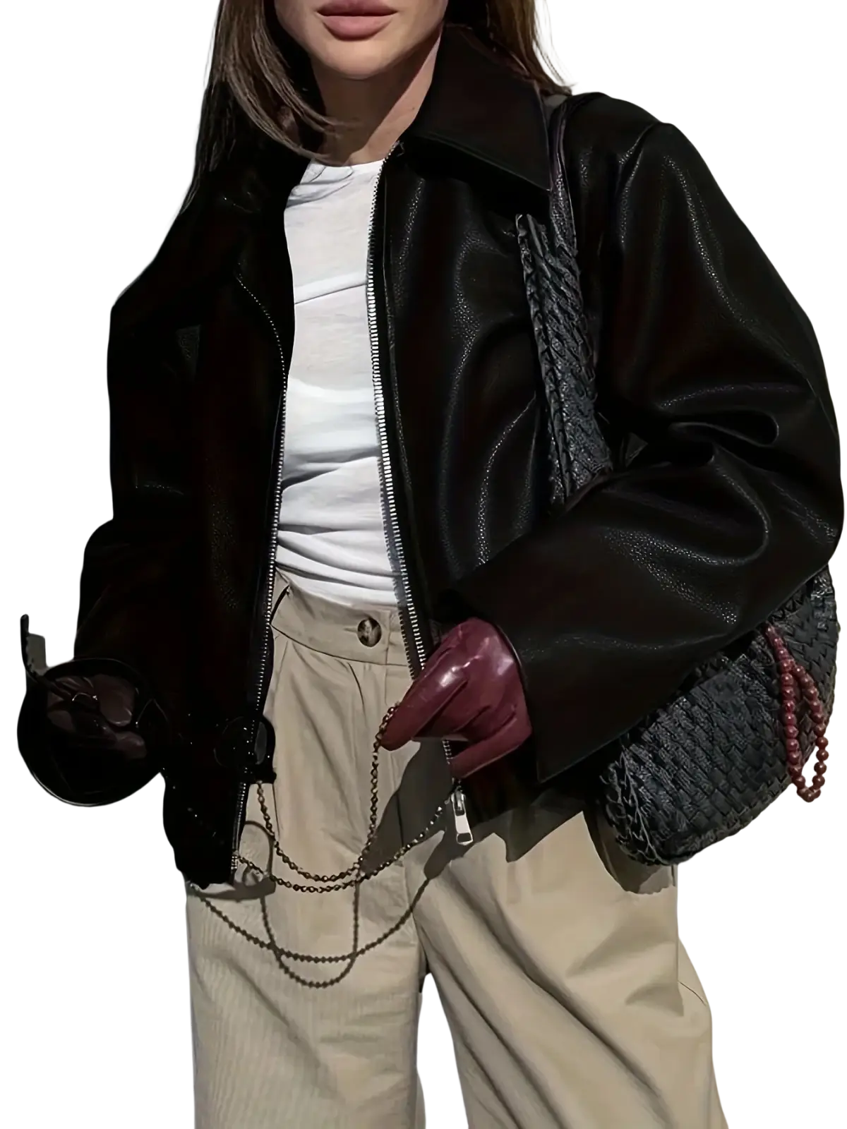 Black leather bomber jacket with a matte finish and silver zipper detailing in a product titled burgundy faux leather bomber jacket
