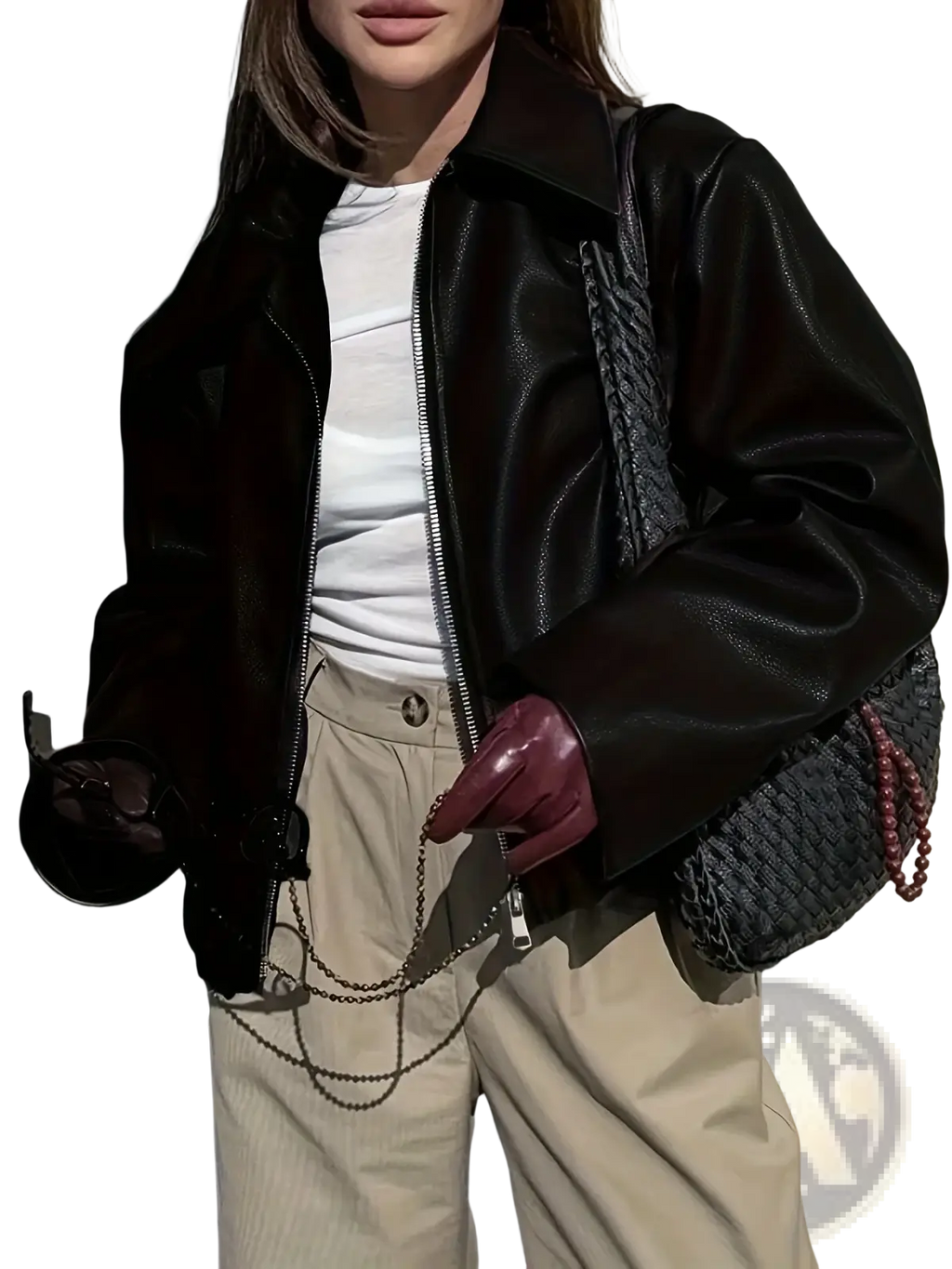 Black leather bomber jacket with a matte finish and silver zipper detailing in a product titled burgundy faux leather bomber jacket