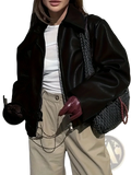 Black leather bomber jacket with a matte finish and silver zipper detailing in a product titled burgundy faux leather bomber jacket
