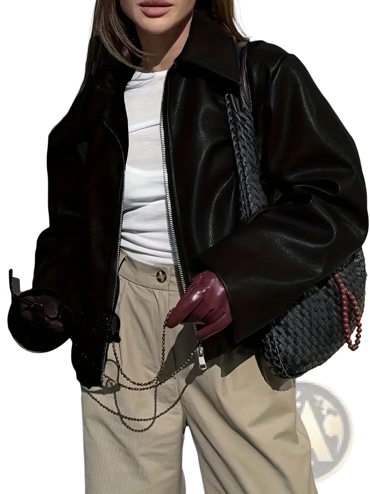 Black leather bomber jacket with a matte finish and silver zipper detailing in a product titled burgundy faux leather bomber jacket
