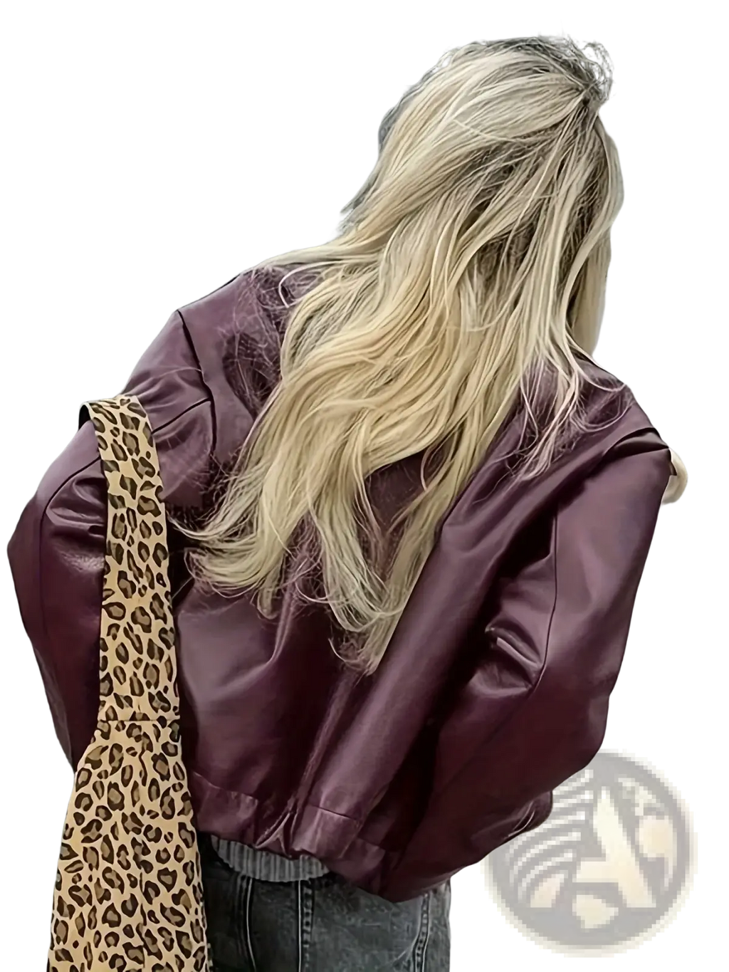 A glossy burgundy faux leather bomber jacket with a relaxed fit and ribbed cuffs