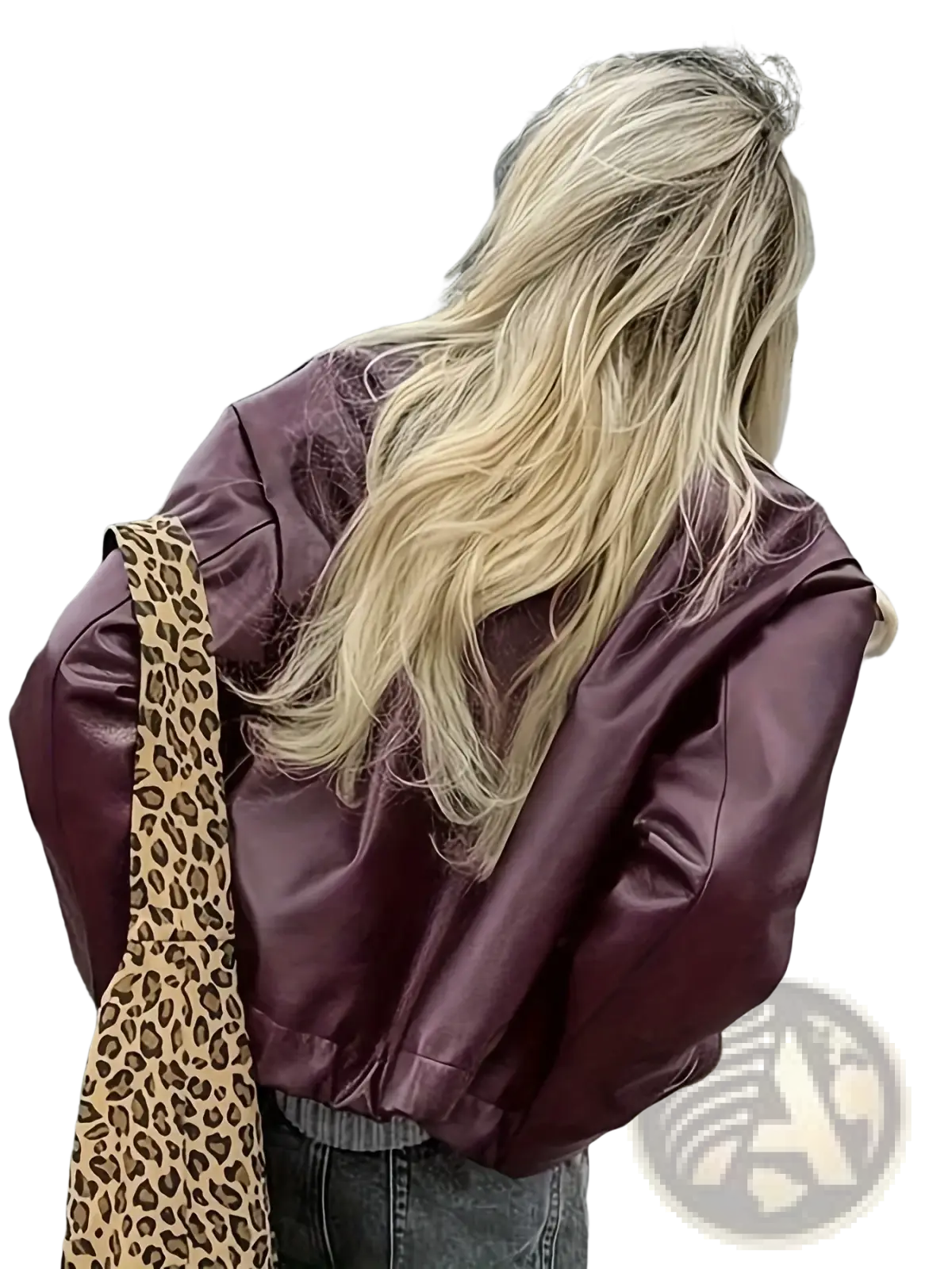 A glossy burgundy faux leather bomber jacket with a relaxed fit and ribbed cuffs