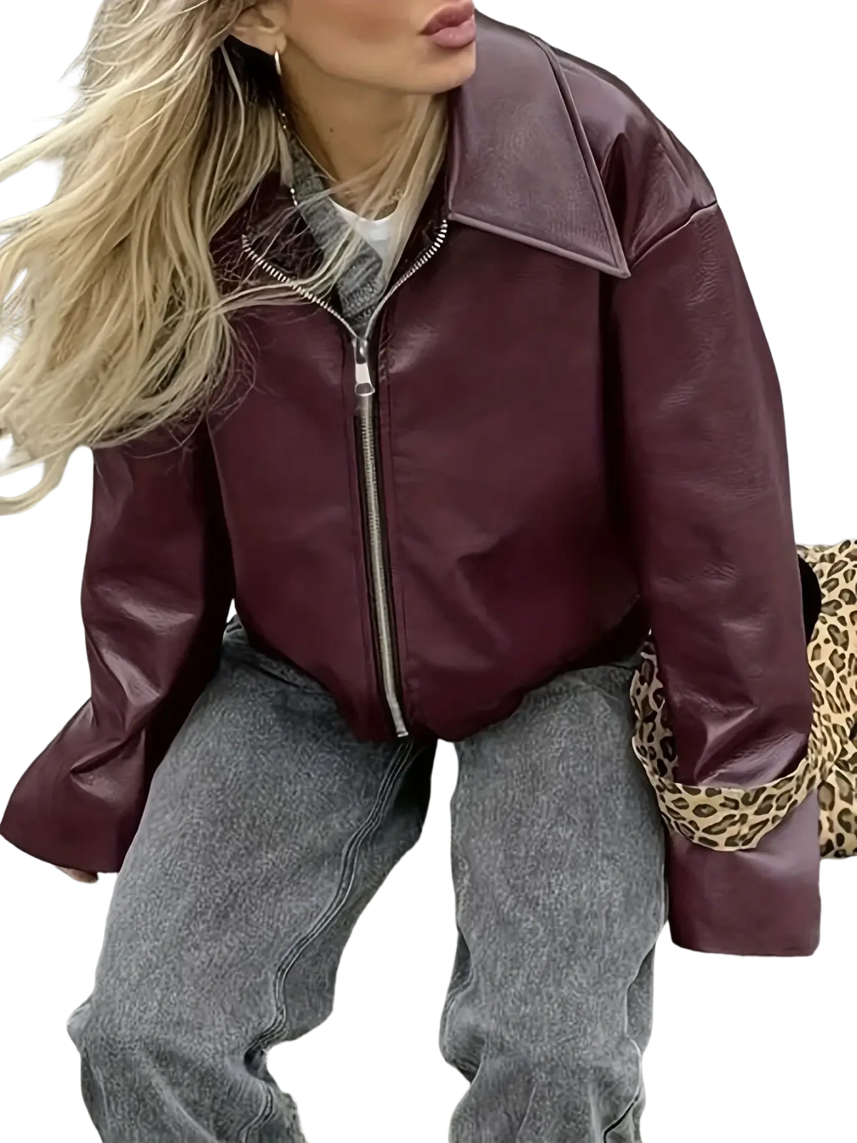 Burgundy faux leather bomber jacket featuring a silver zipper and leopard print cuffs in moto style