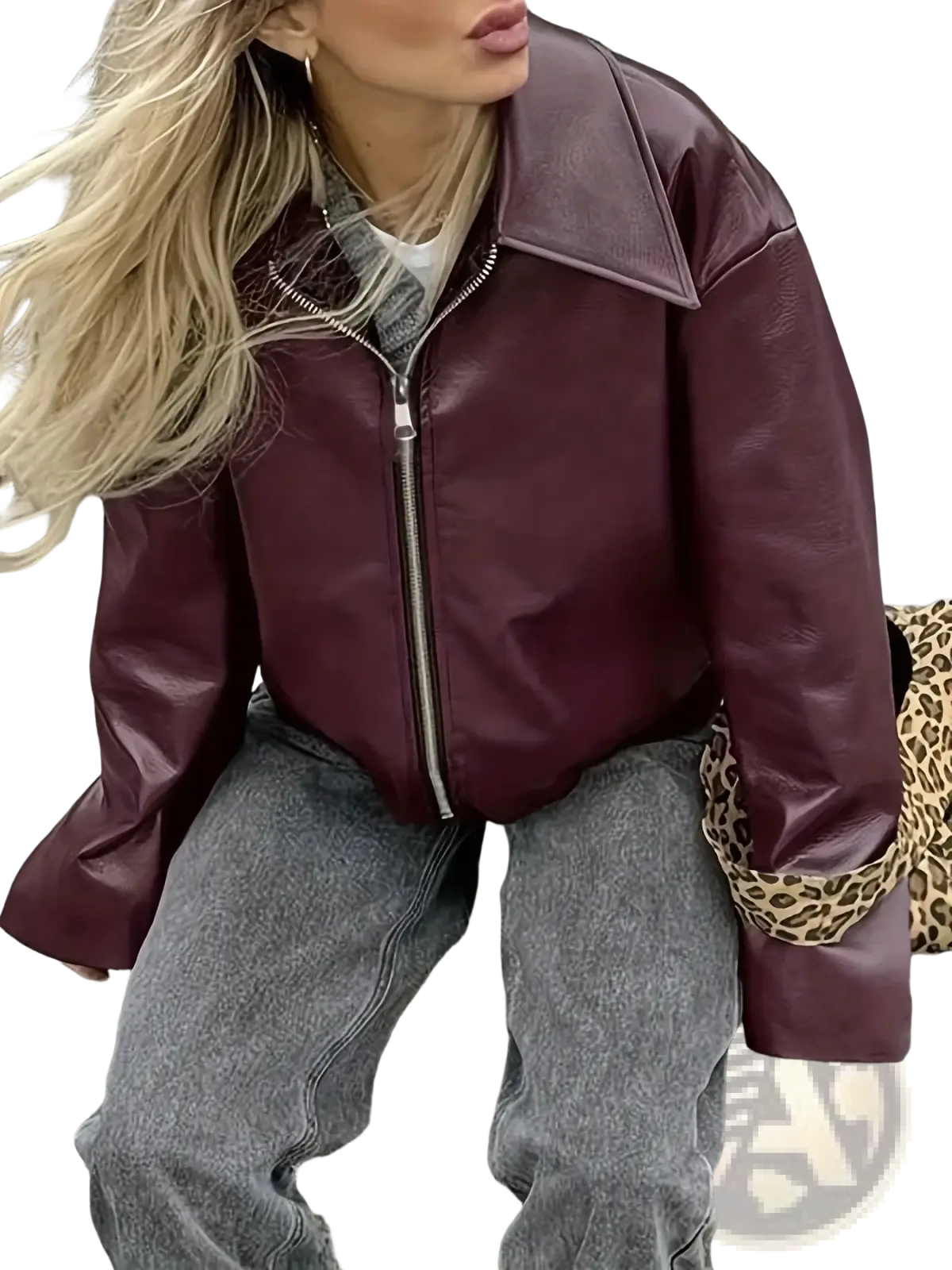 Burgundy faux leather bomber jacket featuring a silver zipper and leopard print cuffs in moto style