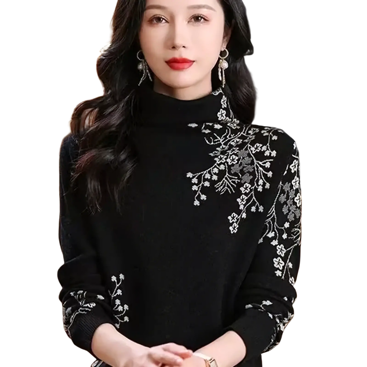 Black high-neck sweater with delicate white floral embroidery on shoulders and sleeves, burgundy floral embroidered turtleneck sweater