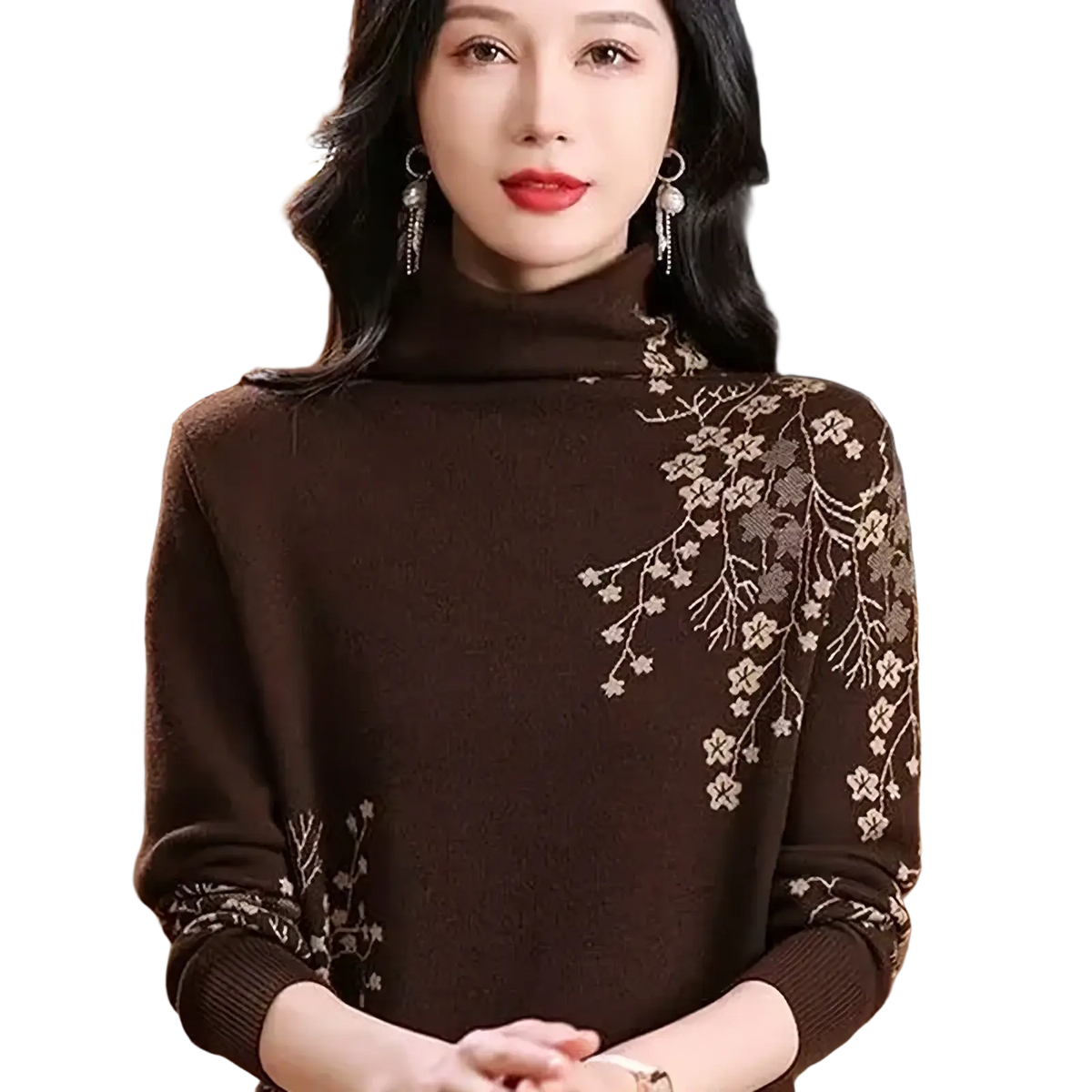 Burgundy floral embroidered turtleneck sweater with delicate beige embroidery on shoulders and sleeves in brown knit