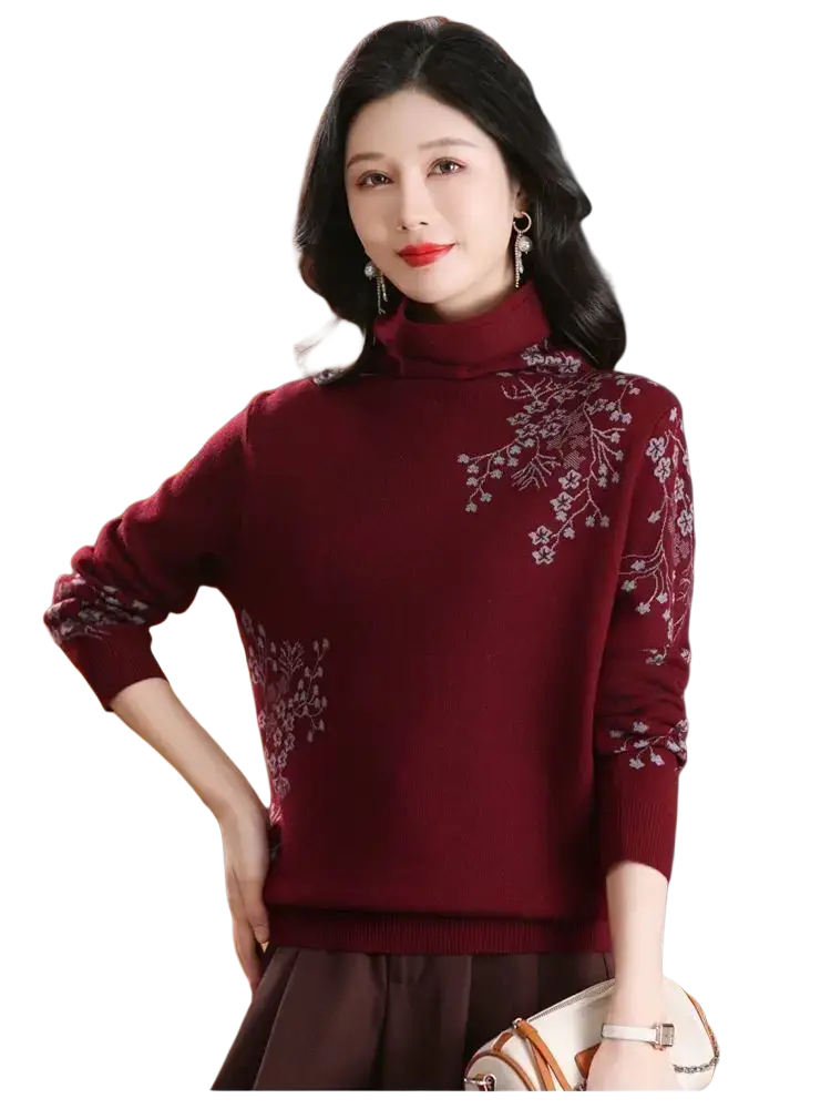 Burgundy floral embroidered turtleneck sweater with delicate white embroidery on chest and sleeves