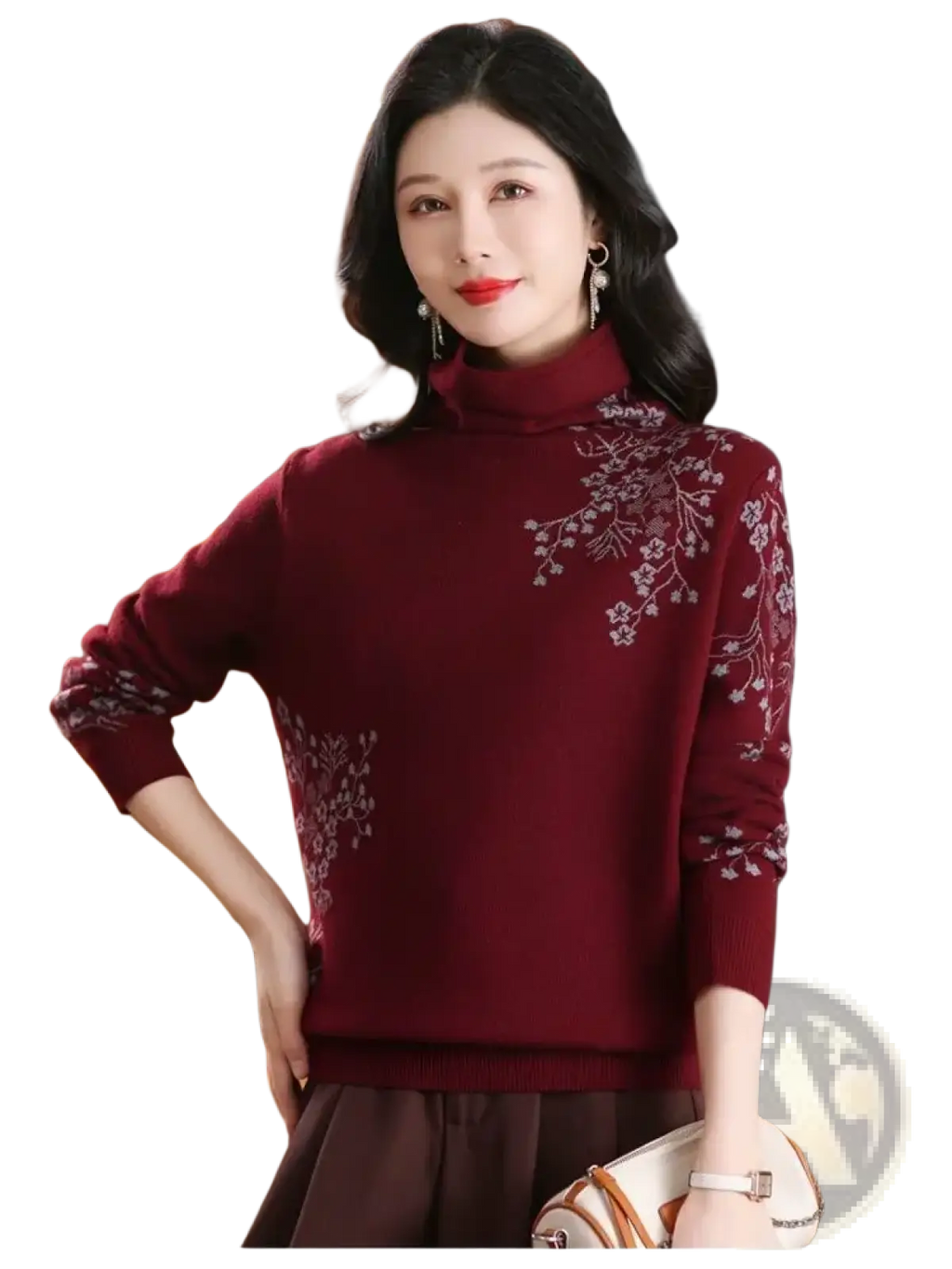Burgundy floral embroidered turtleneck sweater with delicate white embroidery on chest and sleeves