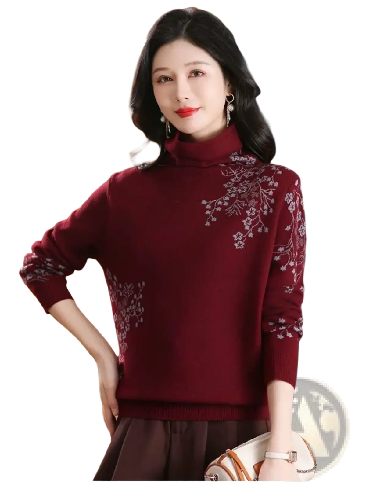 Burgundy floral embroidered turtleneck sweater with delicate white embroidery on chest and sleeves