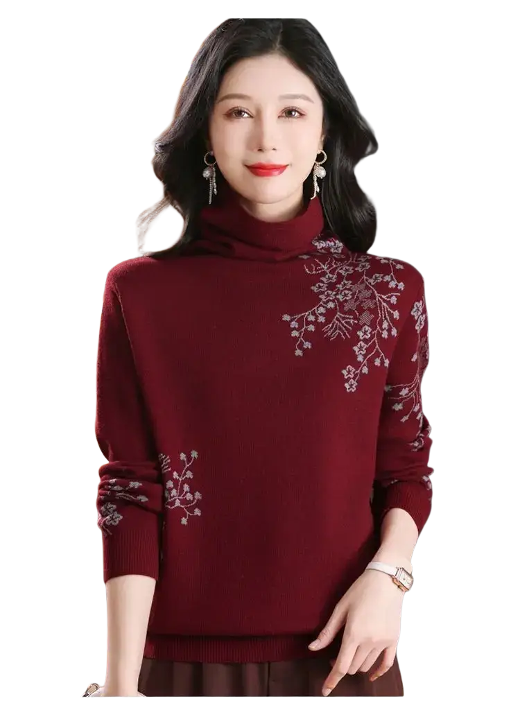 Burgundy floral embroidered turtleneck sweater with delicate white flowers on shoulders and sleeves