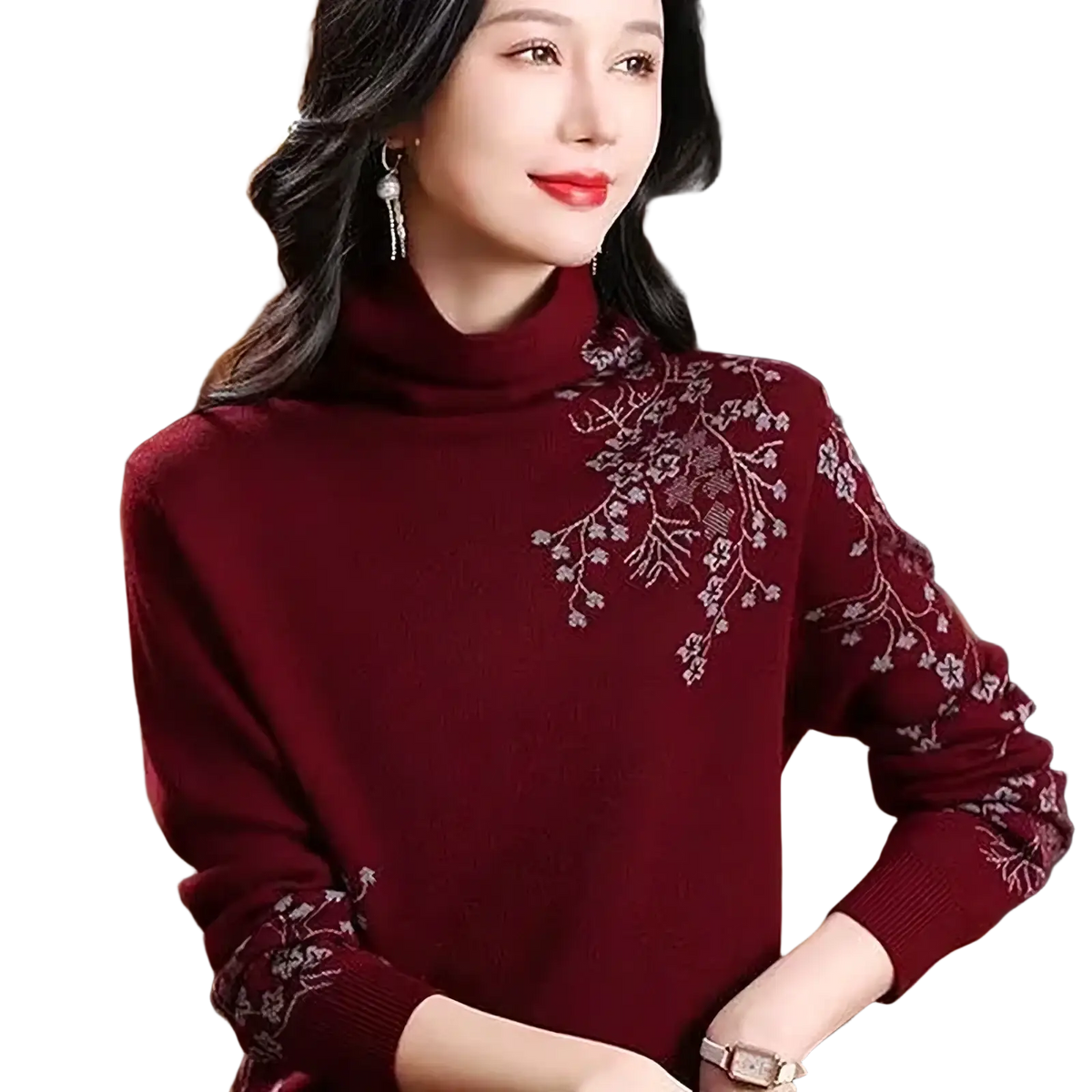 Burgundy floral embroidered turtleneck sweater with delicate white embroidery on shoulders and sleeves in soft knit fabric