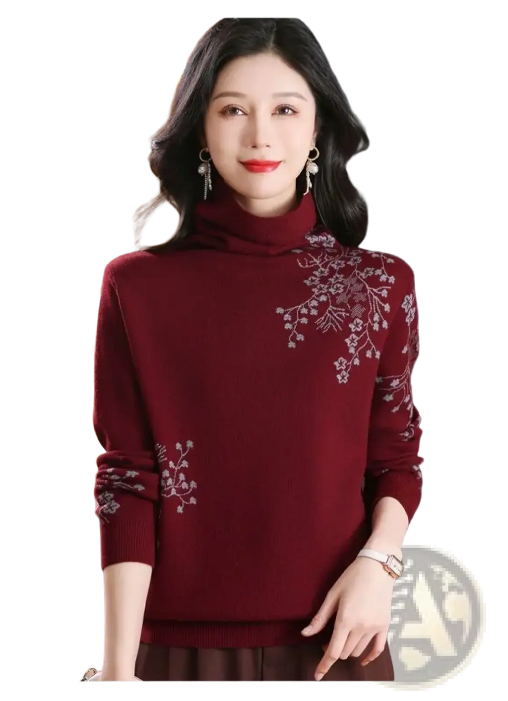 Burgundy floral embroidered turtleneck sweater with delicate white flowers on shoulders and sleeves