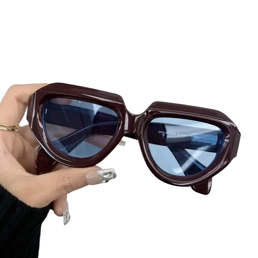 Burgundy geometric sunglasses for women and men with acetate frame and blue gradient lenses
