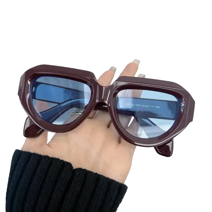 Burgundy geometric sunglasses for women and men with acetate frame and blue gradient lenses